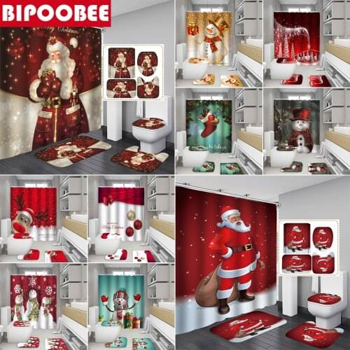 Merry Christmas Santa Claus Shower Curtain 3D Fabric Bathroom Decoration Xmas Snowman Toilet Lid Cover Bath Mat Non-slip Carpet