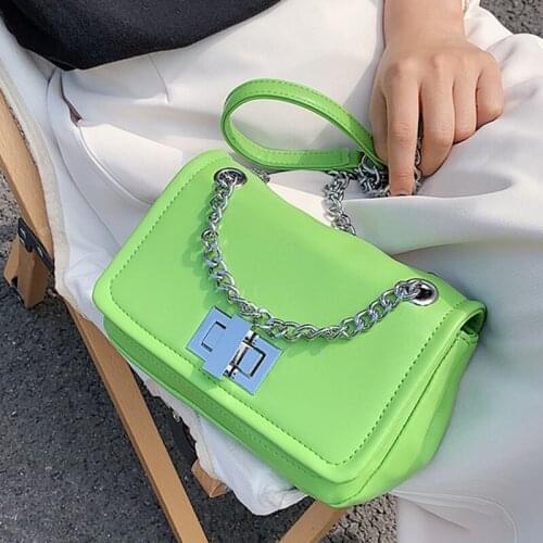 Solid Color Metal Chain Flap Shoulder Bag Women Bag Luxury Brand Green Leather Crossbody Bag Pu Leather Women Messenger Bags