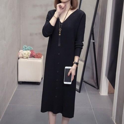 Knitted sweater dress pullove oversized sweater fall 2020 v neck Single-breasted loose elegant dress plus size long sleeve dress