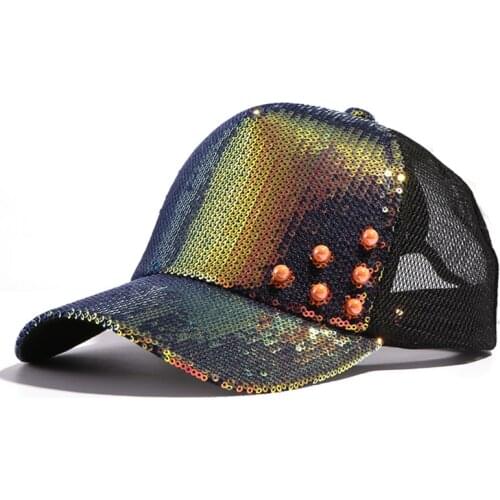 Striking Pretty Adjustable Women Panama Girls Hats For Party Club Gathering rainbow Sequins Shining Mesh Baseball Cap