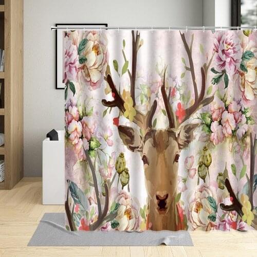 Forest Wild Animals Elk Shower Curtain Hand Painted Antlers Flowers And Feather Antlers Bathroom Decor Home Polyester Washable