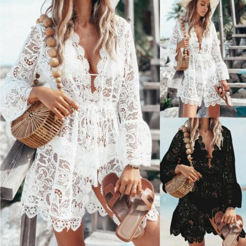 Women Sheer Bikini Cover Up Swimwear Sexy Lace Floral Swimsuit Bathing Suit Casual Loose Solid Summer Female Short Beach Dress