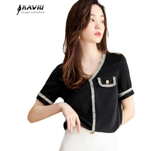 Chiffon Black Shirt Women New Summer V Neck Design Fashion Short Sleeve Casual Office Ladies Formal Work Tops White