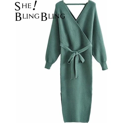 SheBlingBling Za Woman 2021 Tunic Traf Midi Dress Autumn Winter Batwing Sleeve Wrap V Neck Sweater Belted Bodycon Green Dresses