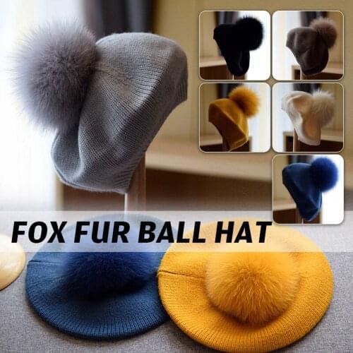 Retro Womens Cute Fur Hats Winter Real Fox Fur Ball Hat Skullies Beanies Warm Ladies Elegant Fox Fur Pom Poms Ball Woolen Cap