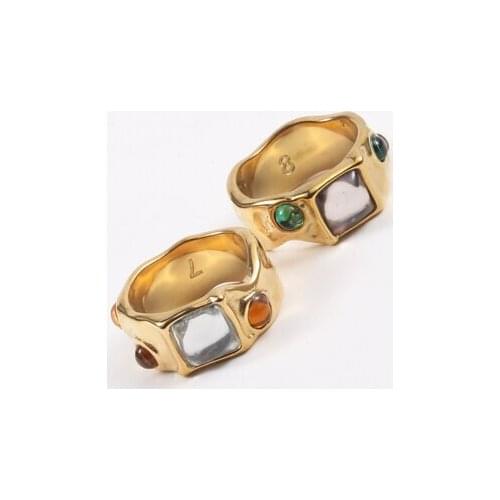 ALLNEWME Retro Colorful Rhinestone Titanium Steel Rings for Women Gold Color Irregular Geometric Wide Chunky Ring Accessories