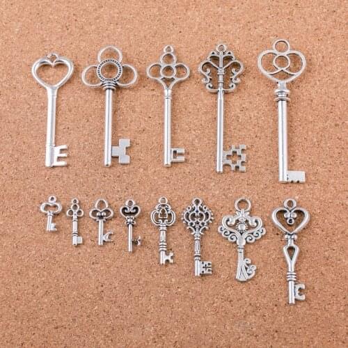 13 pcs Vintage Charms Mixed Keys Pendant Antique Silver Color key charms Fit Bracelets Necklace DIY Metal Jewelry Making
