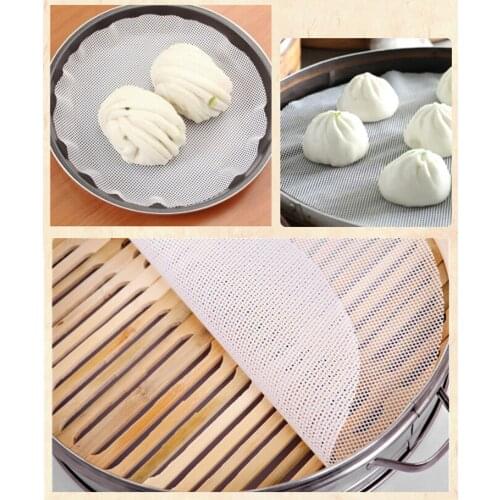 5 Pcs Reusable Kitchen Steamer Mesh Non-stick Pad Round Shape Dumplings Mat Steamed Buns Baking Pastry Dim Sum Mesh-Diameter