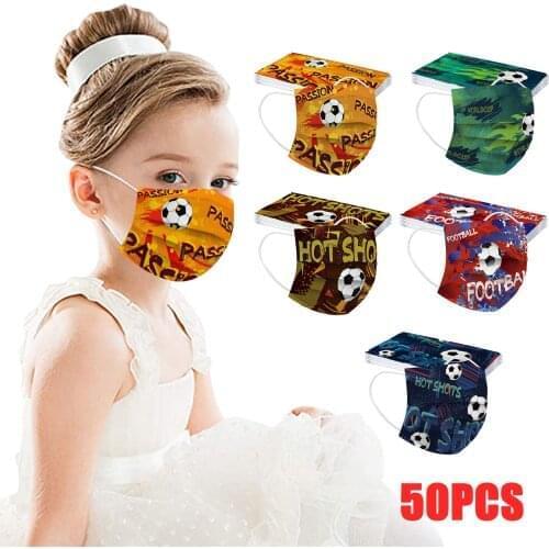 50pcs Childrens football Mask Disposable Face Masks football cartoon Print 3ply Ear Loop child Face Maske Mascarillas