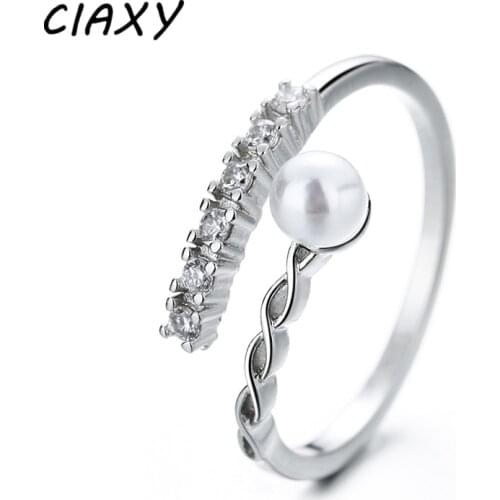 CIAXY 925 Sterling Silver Rings for Women Artificial Pearl with Zircon Wedding Ring Adjustable Geometric Jewelry Wholesale