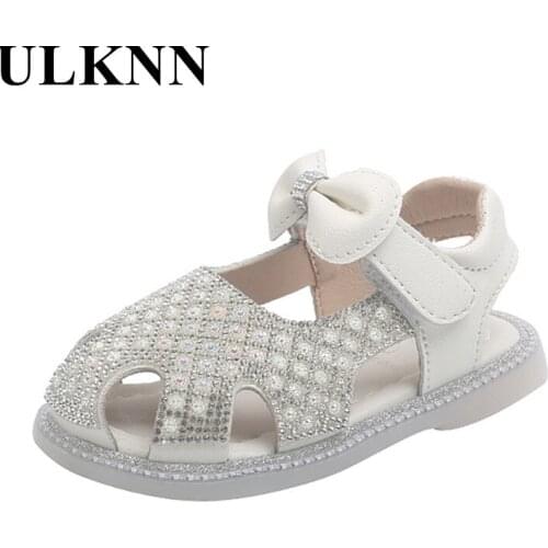 ULKNN Girls Sandals Children Shoes 2021 Summer New Fashion Baby Shoes Princess Pink Rhinestone Bow Falts Sandals Size 21-30
