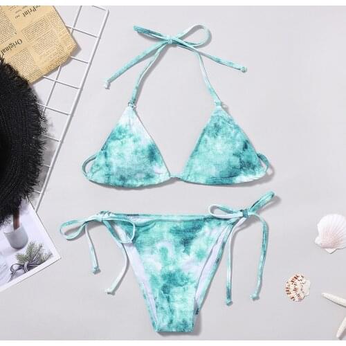 Tie-dye Print Halter Bikini Women Lace Up Backless 2 Piece Swimwear Push-up Triangle Bra Swimsuit Bathing Купальник Женский #T2G