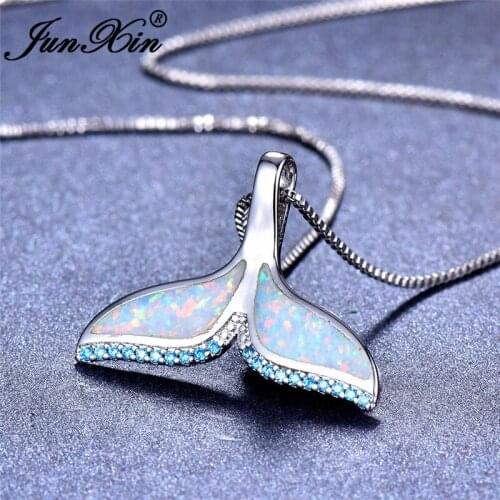 Cute Mermaid Tail Pendant Blue White Fire Opal Necklaces For Women Silver Color Zircon Shark Fishtail Necklace Wedding Jewelry