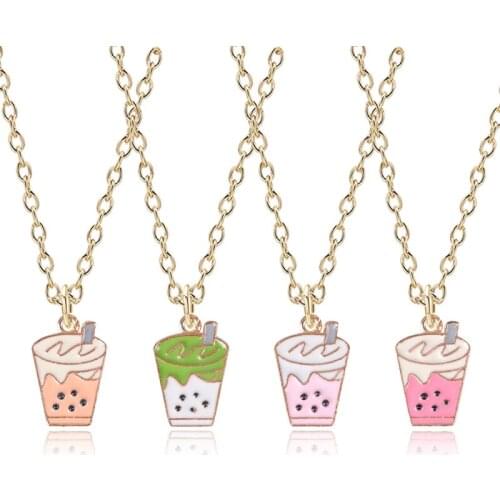 Fashionable Cute Girl Necklace Pearl Milk Tea Cup Pendant Alloy Material Multi-color Optional Temperament Female Jewelry Gift