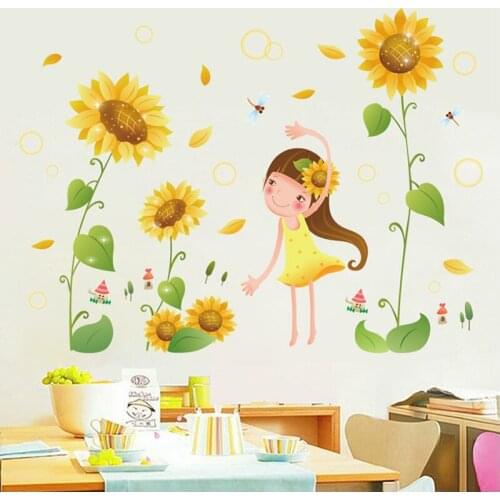 Cartoon sunflower girl wall sticker PVC Material DIY Cute Girl wall decals For Childrens room bedroom home decor sticker