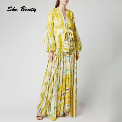 She Beaty Midi Dress Women 2021 New Fashion Chic Ladies Sexy V-Neck Lantern Sleeve Party Vacation Dresses With Sashes Split Robe