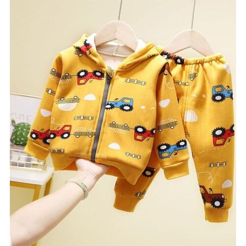 Autumn Boys Clothing Sets Toddler Girls Velvet Cartoon Hooded Jacket Coats Pants 2Pc Baby Outfits Tracksuit For Kids Clothes Set