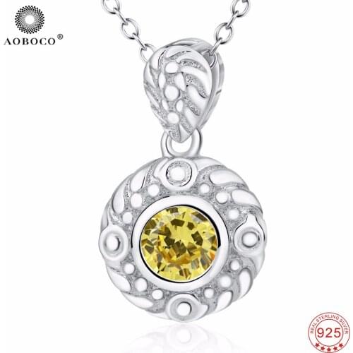 AOBOCO 925 Sterling Silver Necklaces Choker Classic Yellow Crystal CZ Round Pendant Necklace Luxury Jewelry Gift Women GNX1384
