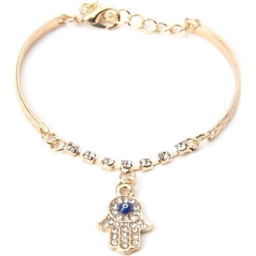 Gold Plated Lucky Fatima Hand Bracelet Chain Hamsa Evil Eye Rhinestone Bangle