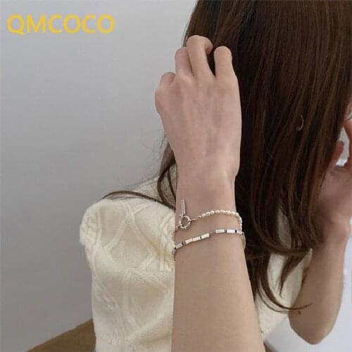 QMCOCO 925 Silver Pearls Bracelets For Women Girl New Trendy Vintage Simple Elegant Letter Pendant Party Jewelry Birthday Gifts