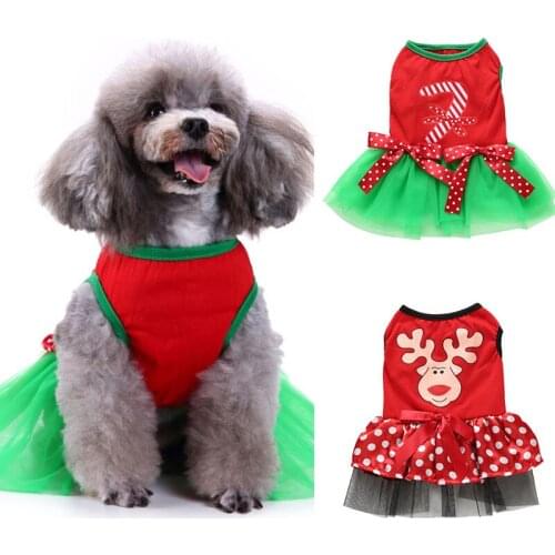 Christmas Dog Clothes Elk Printed Dog Cat Dresses Christmas Princess Cartoon Clothes For Small Dog Clothes Bowknot Pet Costume