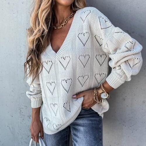 Sexy V Neck Loose Knitted Pullover Sweaters Autumn Spring Women Long Sleeve Hollow Out Hearted Knitwear Tops WDC6835
