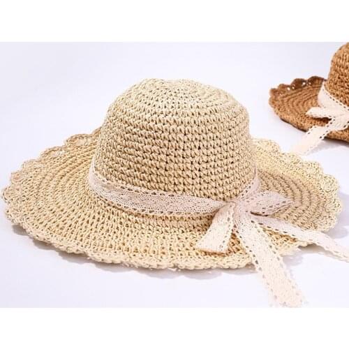 Women Crochet Knit Straw Foldable Lace Ribbon Hat Sunscreen Beach Cap Sunhat