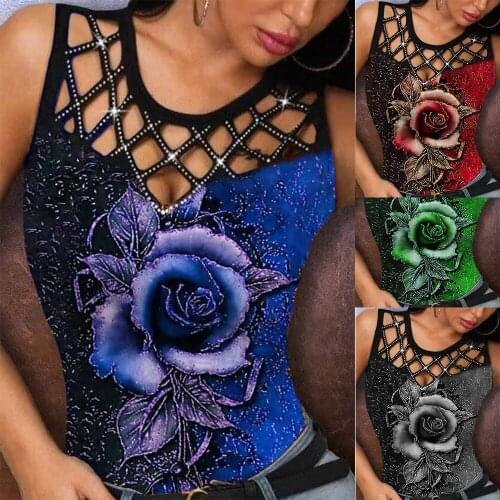 3D Rose Print Hollow Sleeveless Shirt Womens Sexy Summer Casual O-neck Fashion T-shirt Vest Party Club Vest
