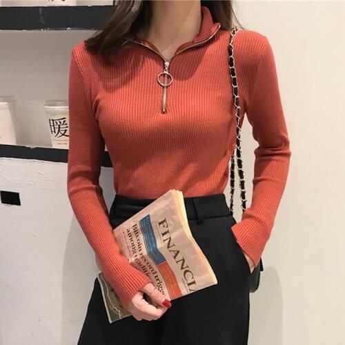 Women Sweaters Slim Fit Black Pull Femme 2021 Knitted Women Zipper High Neck Sweater Pullovers Turtleneck Autumn Winter Basic
