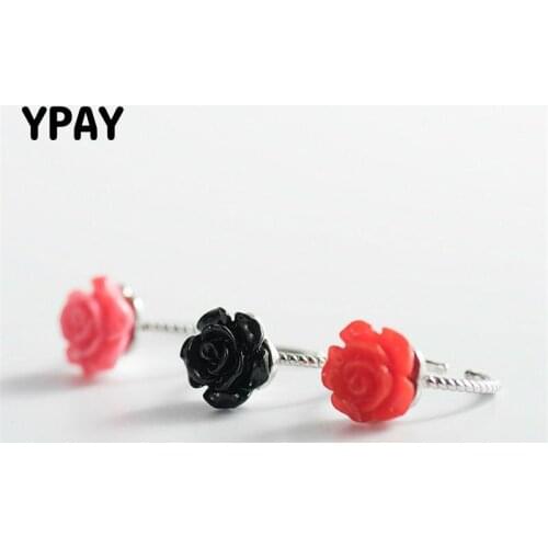 YPAY Genuine 925 Sterling Silver Rose Flower Open Finger Rings for Women Engagement Ring Fine Jewelry Christmas Gift YMR464