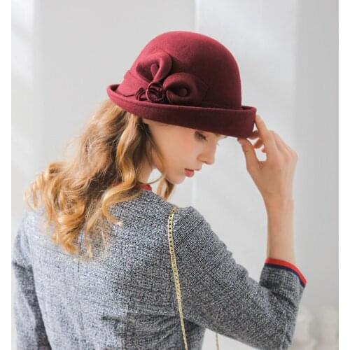 100% Wool Hat Women Fashion Fedoras Hats Lady Elegant British Style Double Flower Dome Cap Painter Cap Dome Edge Wool Hat B-8886