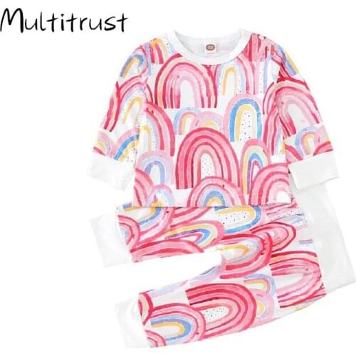 2020 Autumn Newborn Baby Girls Boys Clothes Sets Rainbow Print Long Sleeve Pullover Sweatshirt Tops +Pants 2pcs