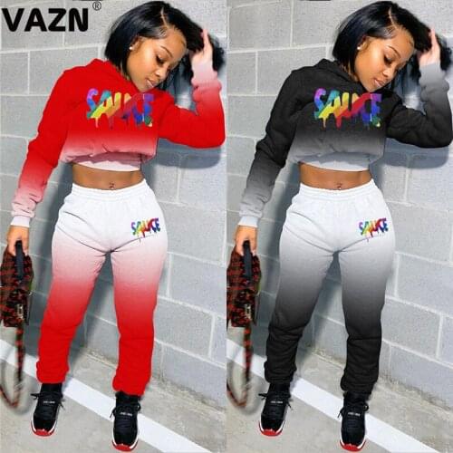 VAZN 2020 Autumn Hot High Street High Quality Young Tracksuits Sexy Hooded Full Sleeve Group Long Pants Slim Women 2 Piece Set