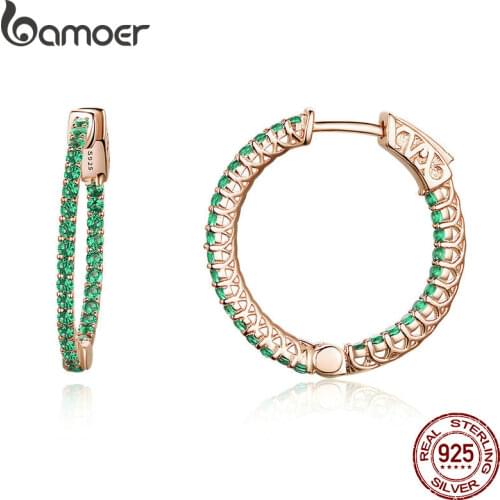 BAMOER Genuine 925 Sterling Silver Classic Round Circle Green CZ Stud Earrings for Women Wedding Engagement Jewelry SCE511