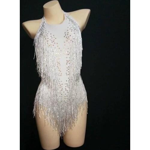 Sparkly Rhinestones White Tassel Bodysuit Women Sexy Club Outfit Fringe Dance Costume One-piece Dance Wear Singer Stage Leotard