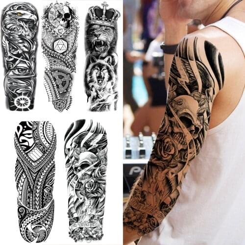 Big Skull Full Sleeve Temporary Tattoos For Men Women Realistic Fake Eagle Evil Eye Totem Tattoo Lion Wolf Arm Waterproof Tatoos