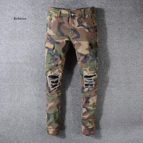 Pantalon Homme Men Camouflage Print Patchwork Military Biker Jeans For Moto Slim Fit Straight Army Green Pocket Cargo Denim Pant