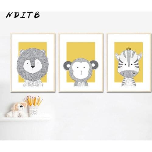 Woodland Animal Lion Monkey Canvas Poster Baby Nursery Wall Art Print Yellow Cartoon Painting Nordic Kids Decoration Picture