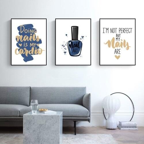 Perfect Nails Quote Canvas Painting Blue Makeup Art Prints And Posters Nail Polish Wall Art Pictures Beauty Salon Home Decor