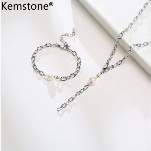Kemstone Stainless Steel Freshwater Pearl Female Charm Chain Bracelet Y Shape Necklace Jewelry Gift for Women