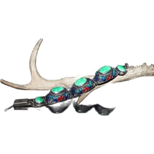 Chinese old craft made jade inlaid cloisonne Tibetan silver bracelet