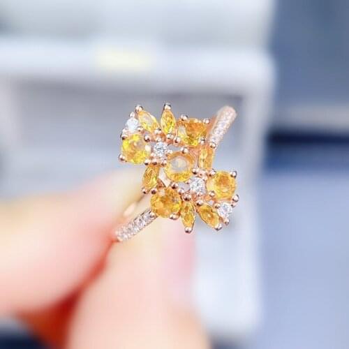 Natural real citrine flower ring Free shipping 0.3ct*5pcs 0.15ct*6pcs gemstone 925 sterling silver Fine jewelry J215266
