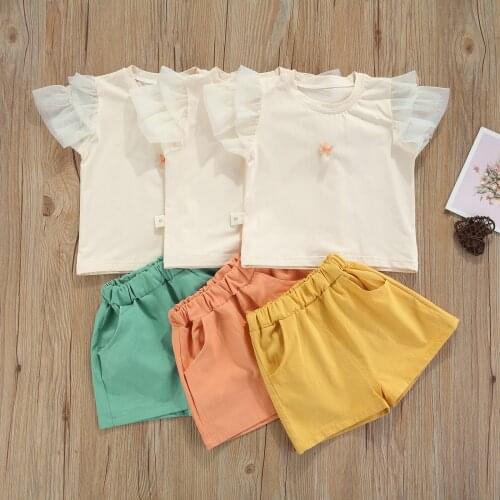 Baby Girls Clothes Set Short Ruffle Sleeve O-neck T-shirt with Sequins + Solid Color Denim Shorts