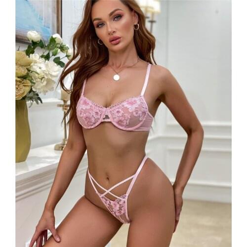 Flower Womens Underwear Sensual Pink Lace Lingerie Women Push Up Bra and Thongs Set Woman 2 Pieces Sexy Erotic Lingerie LNE423