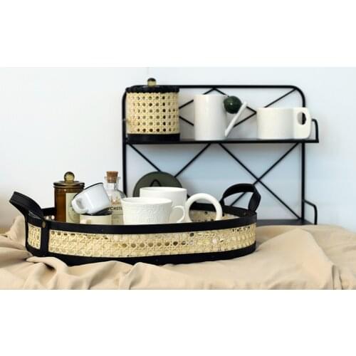 Rattan basket home table decoration coffee/tea/juice kitchen accessory 3 size PU leather handle