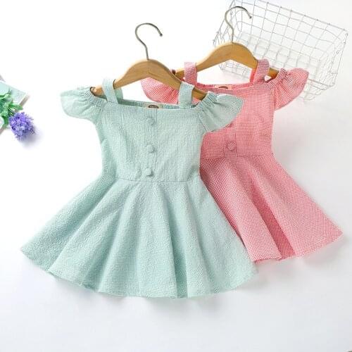 Summer Dress for Girls Solid Plaid Shoulderless Girls Dress Casual Breathable Kids Dresses for Girls Cute Princess Dress 0-6Y