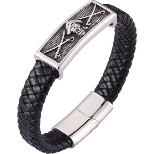 Stainless Steel Skull Men Bracelets High Quality Black Leather Hand Bracelets Bangles Accessories punk Jewelries BB0478