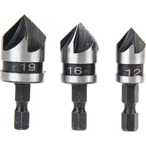 3PC1/4 Drill Bit Set Hex 5Flute 12-19mm Countersink Drill Bit Guide Set for Wood Metal Quick Change DIY Carpentry Accessories