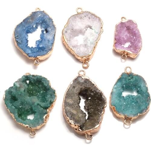 New Natural Druzy Agates Pendant Connectors Irregular Gold Plated Double Hole Connectors for DIY Jewelry Making Gift
