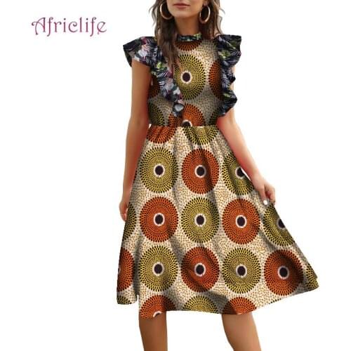 African Print Dress Women Casual Butterfly Sleeve Ruffles Cover Knee Long Wax Cotton Clothing WY9001